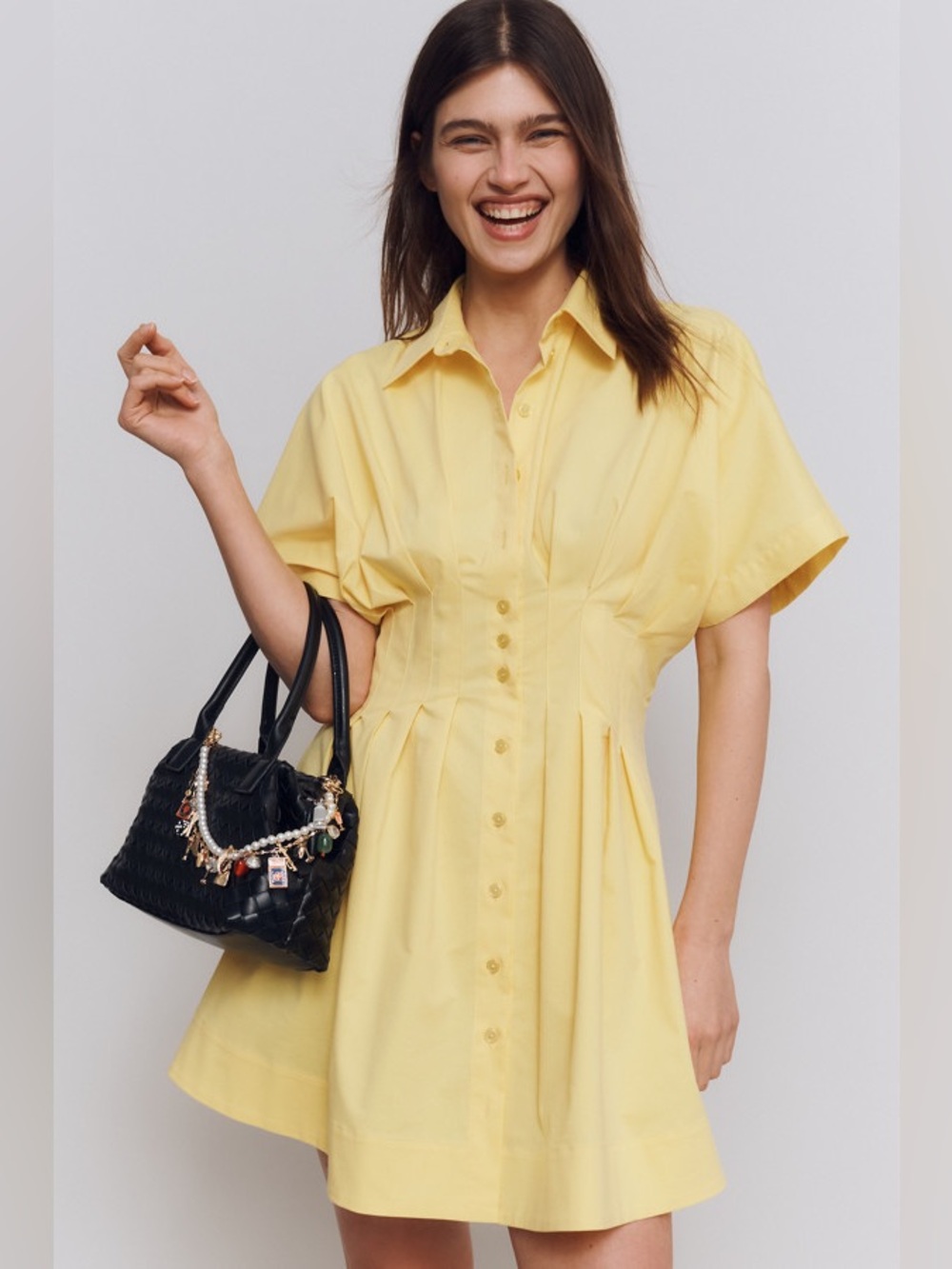 EXQUISE • NWT The Tobie Button-Front Pleated Mini Shirtdress yellow XS Petite